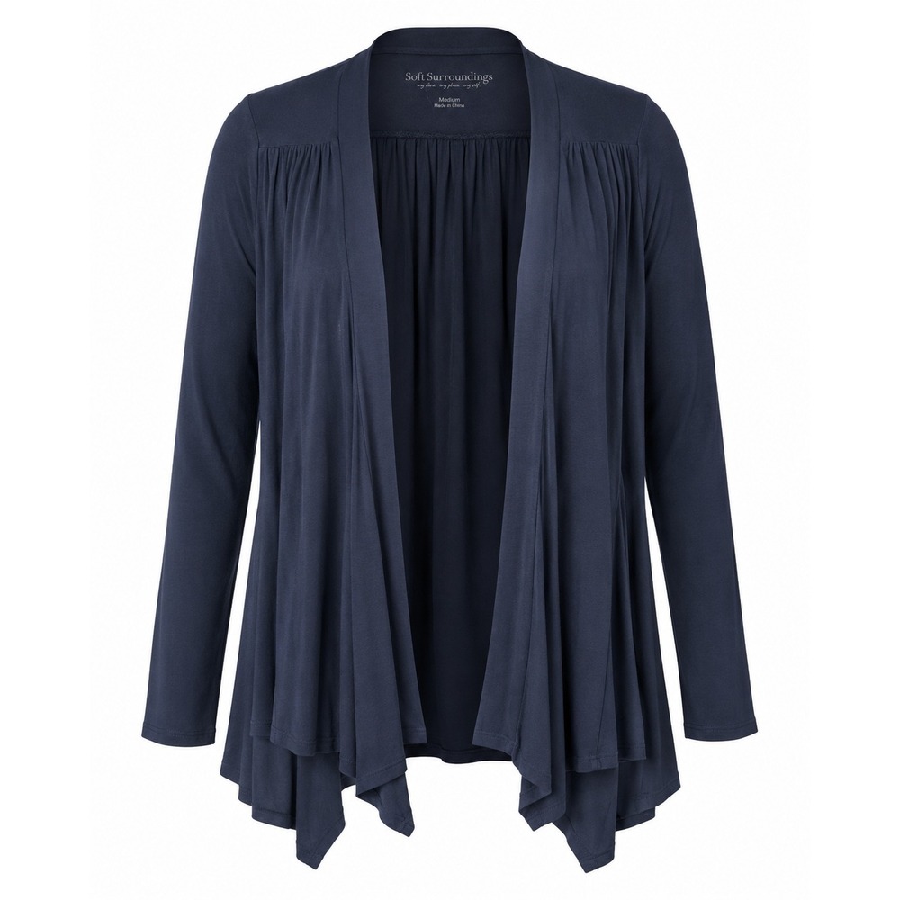 Soft Surroundings Cardigan M Navy Blue Open Front Pleated Draped Flowy Lagen